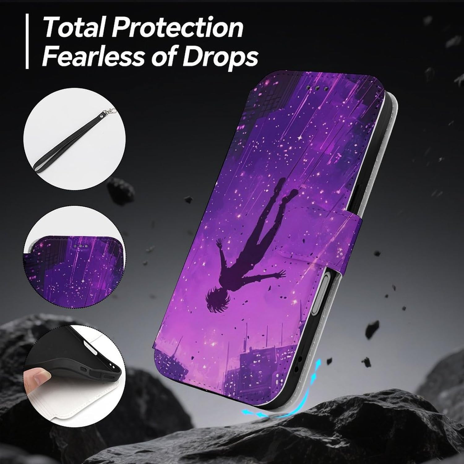 Falling Into The Real World Compatible with iPhone 16/16 Plus/16 Pro/16 Pro Max/16 E Case Phone Wallet Card Holder Flip Cover with Wrist Strap