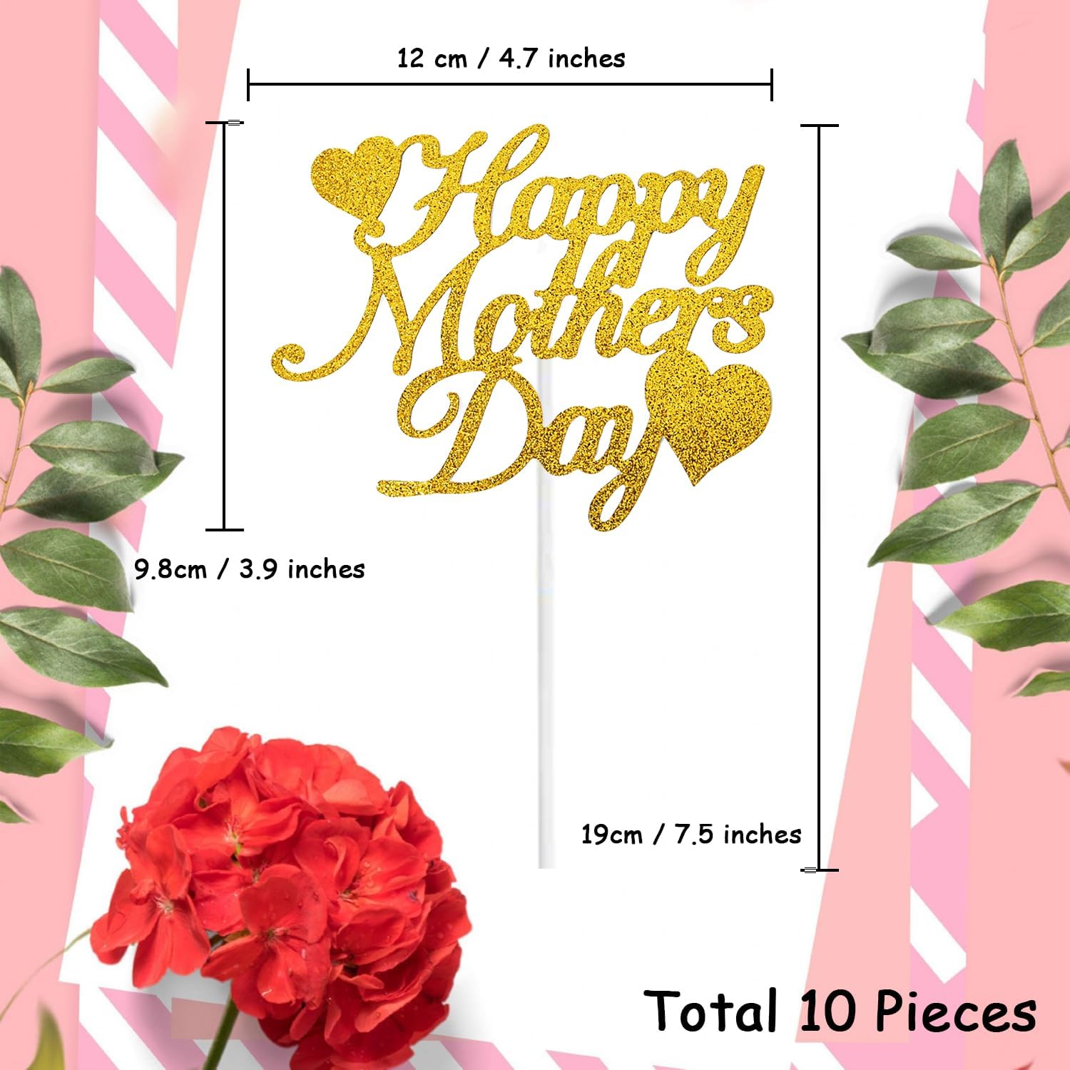 Happy Mother's Day Cake Topper Set - Glitter "Best Mom Ever" Bunting & Picks | Gold Party Decor For Cakes & Cupcakes
