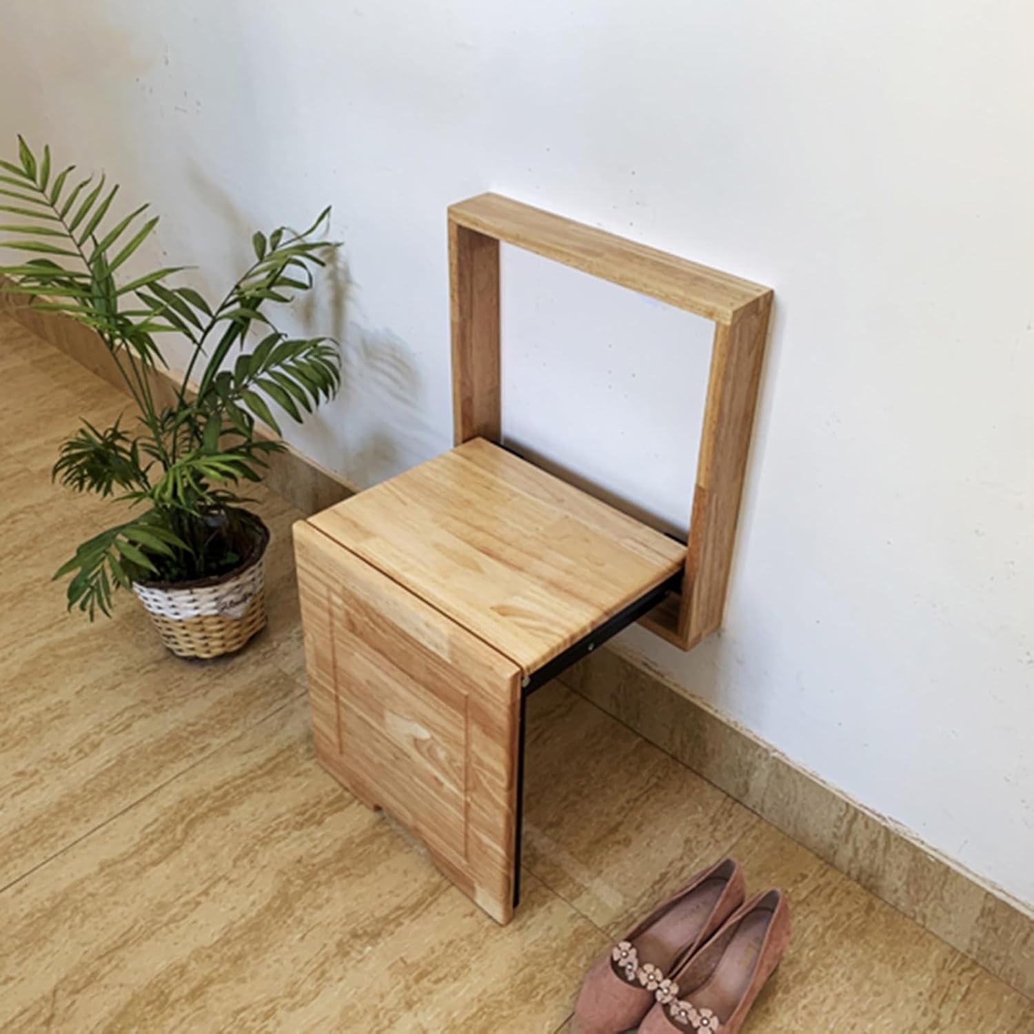 Wall-Mounted Folding Stool Oak Foldable Chairs Slim Shoe Changing Stool for Entryway Invisible Wall Chair for Home Use Suitable for Foyer Porch Wardrobe Balcony Easy to Install