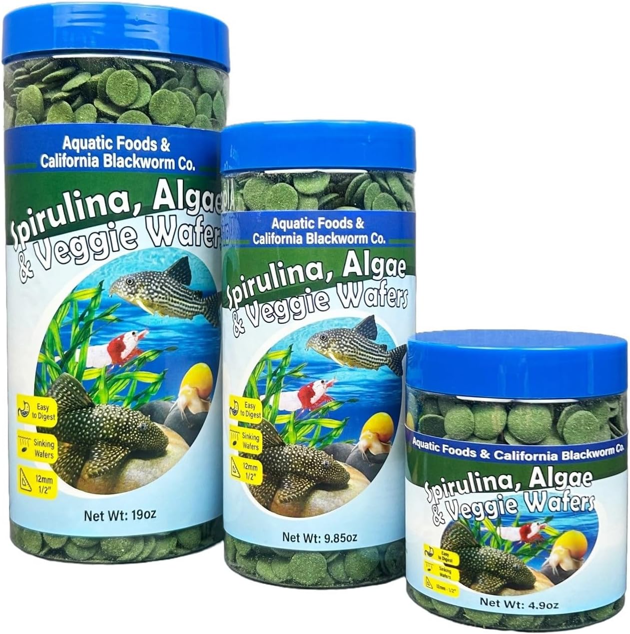 Aquatic Foods Inc. 12mm - 1/2" Small Sinking Wafers of Spirulina, Algae & Veggies for Plecos, Catfish, Shrimp, Snails, Crabs, Crayfish, 12-Type Pellet Mix & 4-Type Wafer Mix Included..4.9oz Canister