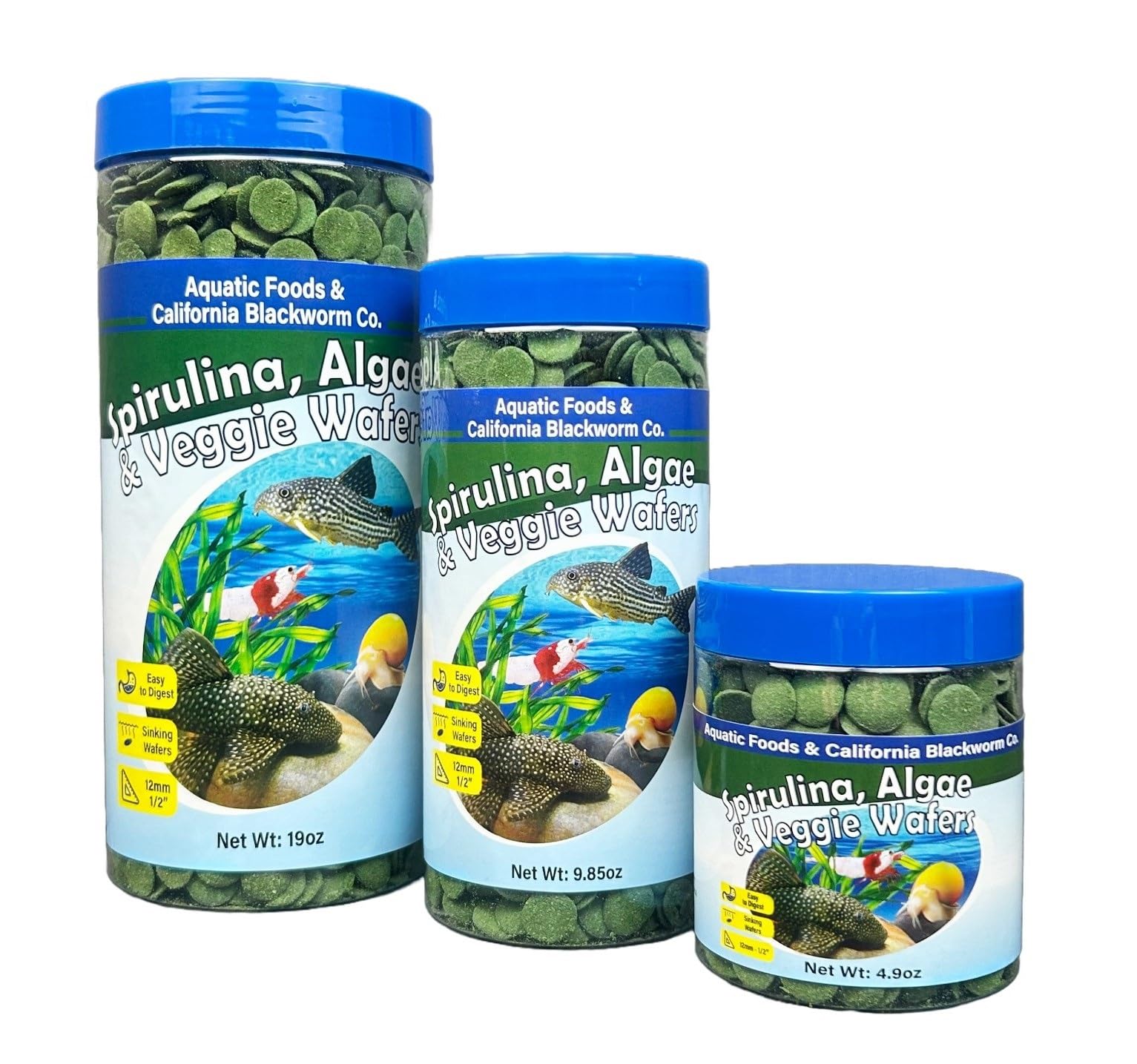 Aquatic Foods Inc. 12mm - 1/2" Small Sinking Wafers of Spirulina, Algae & Veggies for Plecos, Catfish, Shrimp, Snails, Crayfish, 12-Type Pellet Mix & 4-Type Wafer Mix Included 9.85oz Canister
