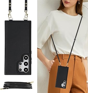 Cavor Galaxy S25 Ultra Compatible Smartphone Case Shoulder Neck Crossbody Shoulder Case Notebook Type Case RFID Function Includes Exclusive Strap with Card Storage Case Blacks