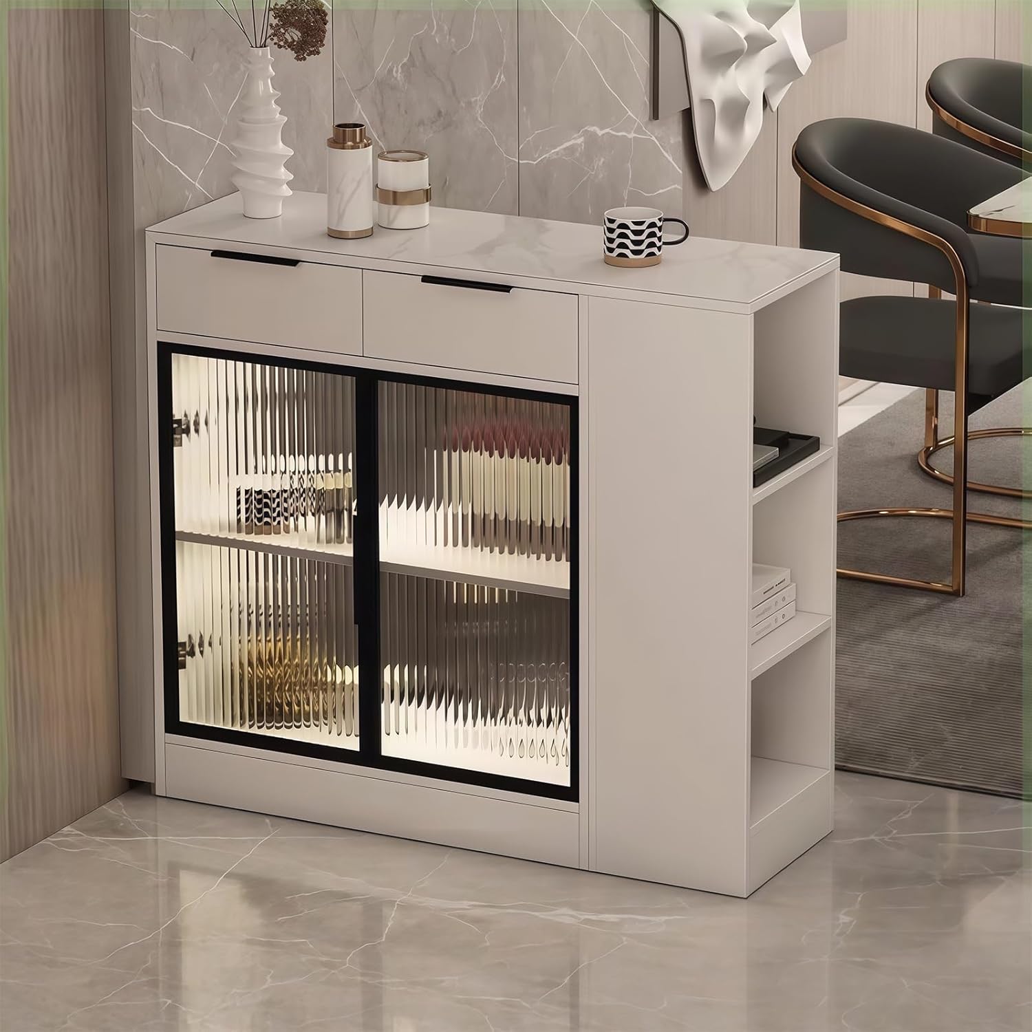 Storage Trolley Sideboard Island with Drawers Glass Doors Shelves and Open Storage Compartments Shelving Organizer