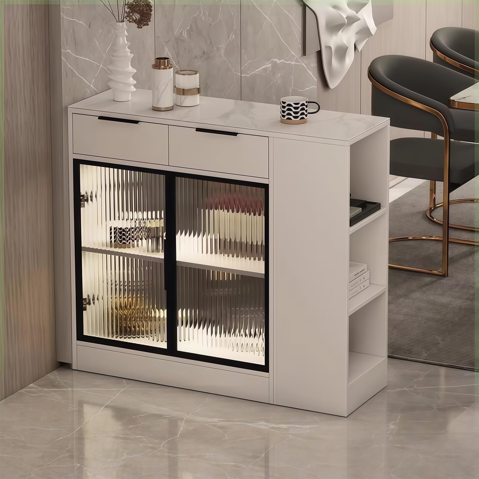 Zf9tBw5sH Unité d'îlot de Cuisine Buffet îlot avec tiroirs, Portes vitrées, étagères et Compartiments de Rangement Ouverts