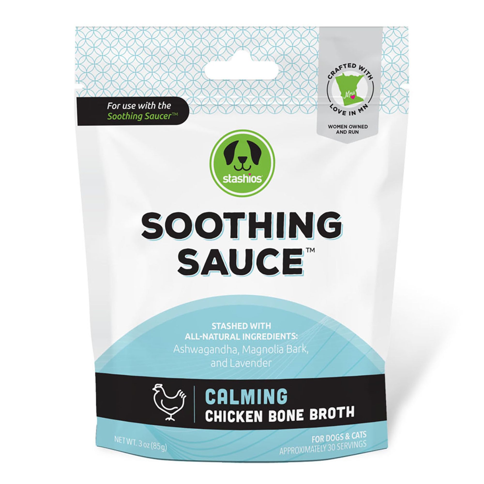 Stashios Soothing Sauce Chicken Bone Broth Calming Powder Supplement for Dogs & Cats, All Natural Anxiety Relief, Made in The USA, 3 oz