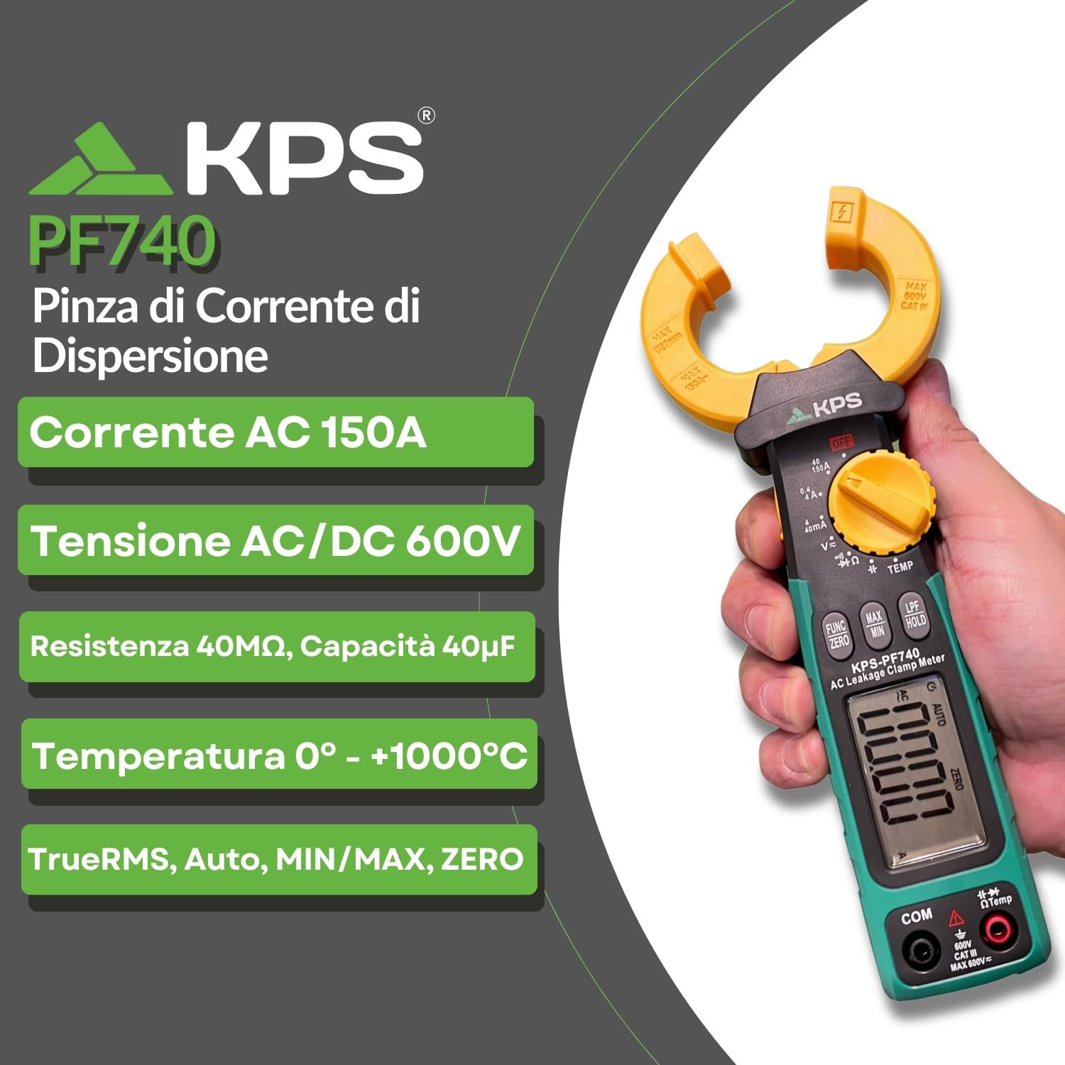 KPS -PF740 Pinza di perdite TRMS AC Max 150A, 4000 conti, tensione AC/DC 600 V, corrente AC 150 A, resistenza 40 MΩ, capacità 40 μF e temperatura, cat. III 600 V