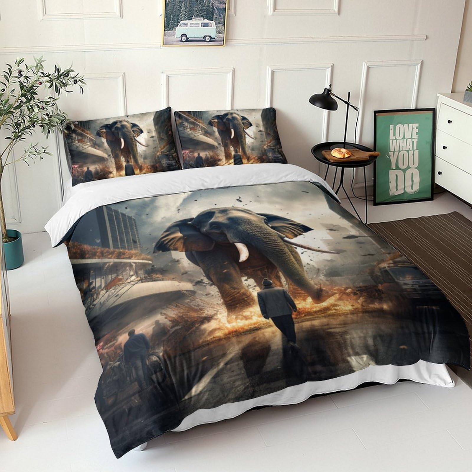 Parure de lit éléphant 3D avec housse de couette en microfibre et taies d'oreiller