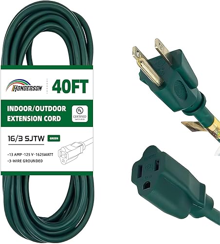 HONDERSON Cable de extensión para exteriores de 40 pies-163 SJTW Cable de extensión verde duradero con enchufe de conexión a tierra de 3 clavijas