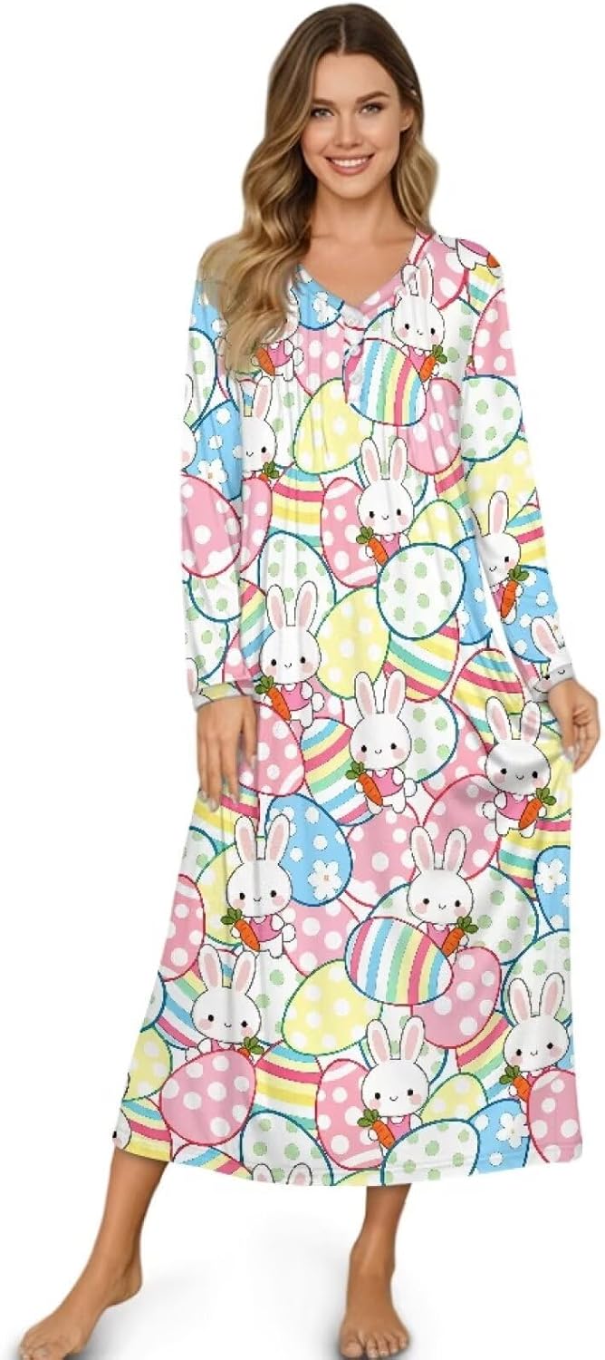 Women's Nightgown Long Sleeve Nightshirt V Neck Loungewear Button Down Sleepshirt Soft Sleepwear Pajama Dress S-4XL