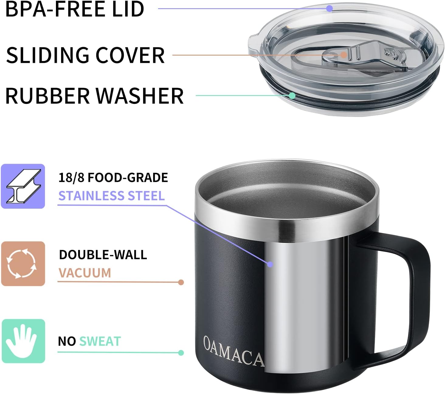 Oamaca 14OZ Coffee Mug with Lid, Vacuum Insulated Travel Tumbler with Handle,Double Wall Stainless Steel Powder Coated Mug Cup,Spill-proof Thermos Cup for Hot & Cold Drinks for Home Office,Black