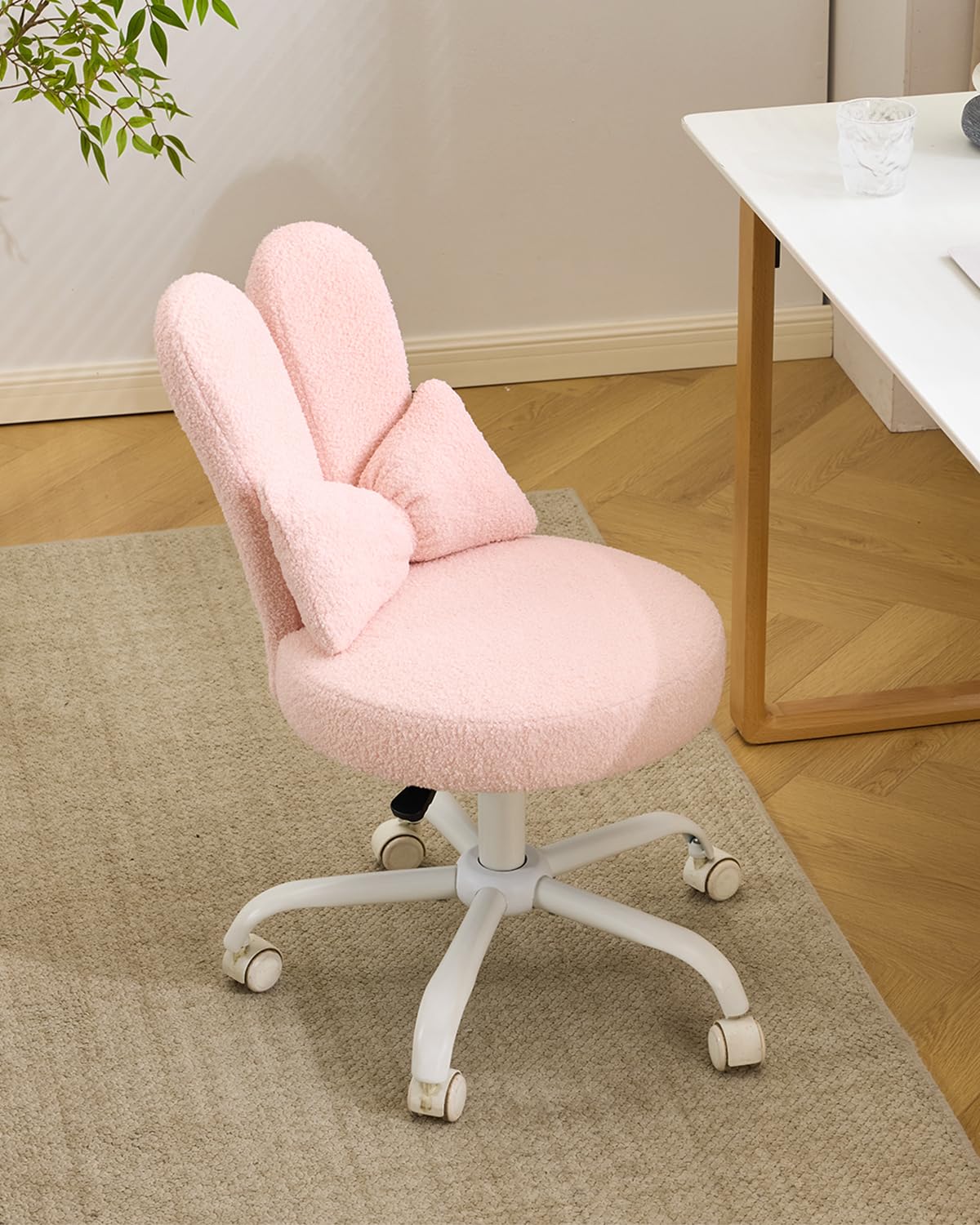 Karl home Office Chairs, Vanity Chair with Wheels, Playful Rabbit Ear Backrest, Cozy Teddy Fabric, Versatile Bow Pillow, Thickened Cushion, Rounded Corners and SGS Tested Components (Pink)