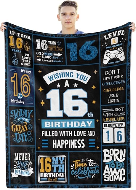 16th Birthday Gifts for Boys,Black 16th Birthday Decorations for Boys Blanket,16th Birthday Gift Ideas for 16 Year Old Boys,16th Birthday Decorations Throw Blanket for Teen Son Grandson Nephew 50"x60"