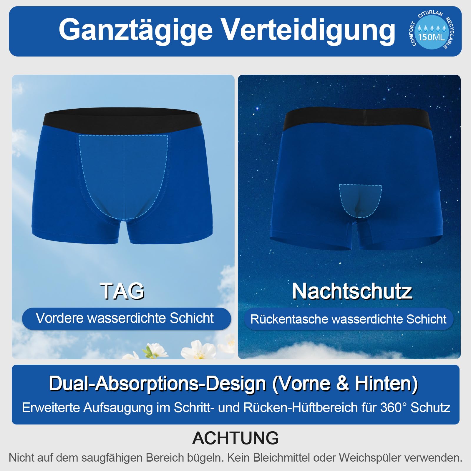 Culottes incontinence homme 150 ml - Boxers anti-fuites lavables, coton respirant anti-odeurs, protection renforcée nuit et voyage