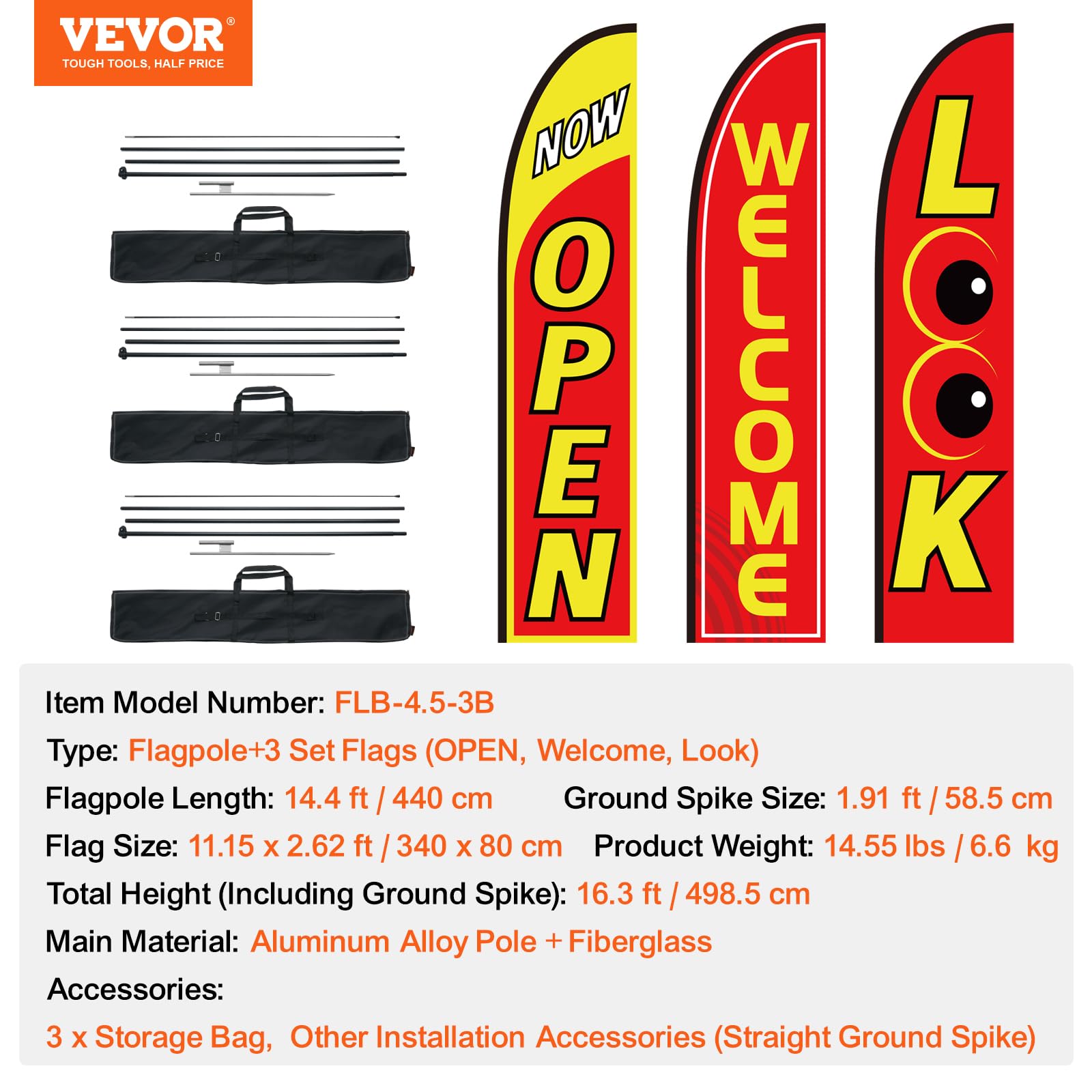 VEVOR Bandiere Kit Aperte Pubblicitarie per Affari Esterni, Kit Bandiere Pubblicitarie con Piuma, 3 Bandiere (Apri, Guarda, Benvenuto), 3 Aste, 3 Picchetti da Terra, Bandiere Swooper Aziende 440 cm
