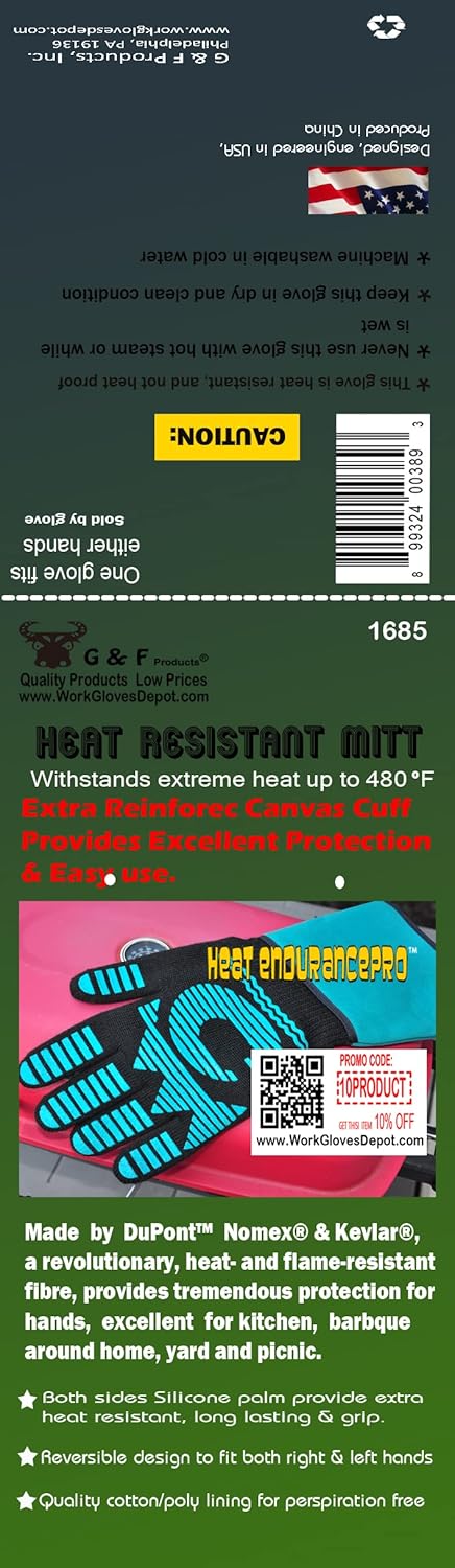 Heat Resistant Gloves - 480℉ Grilling Gloves For Fireplace - Barbeque Accessories For Kitchen - BBQ Gloves - Oven Mitt For Oven, 1 Pair, Dupont Nomex Heat Fiber is Made In USA : Everything Else