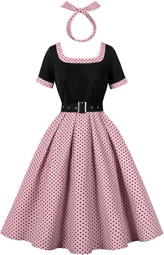 50s Vintage Dress for Women with Headband Belt Retro 1950s Polka Dot Dresses 40'