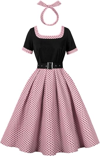 Womens Hepburn Retro Cocktail Dress 1950s Polka Dot Short Sleeve Outfits with Headband Pocket Vintage Halloween Costume