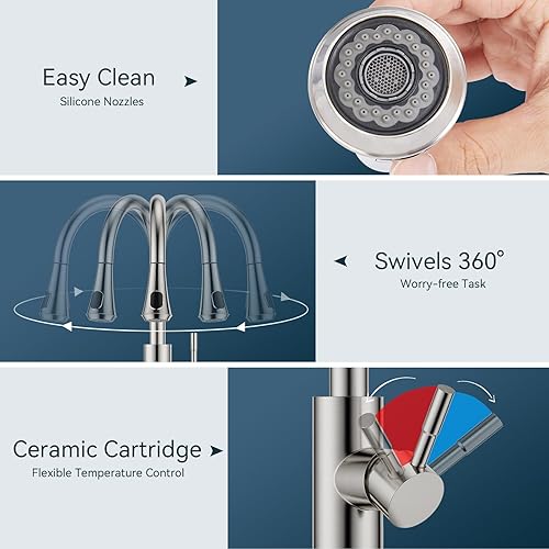 Miniatura 5 de FORIOUS Grifo de cocina LED con rociador extraíble, níquel cepillado, grifo de fregadero de acero inoxidable moderno de una sola manija con pantalla
