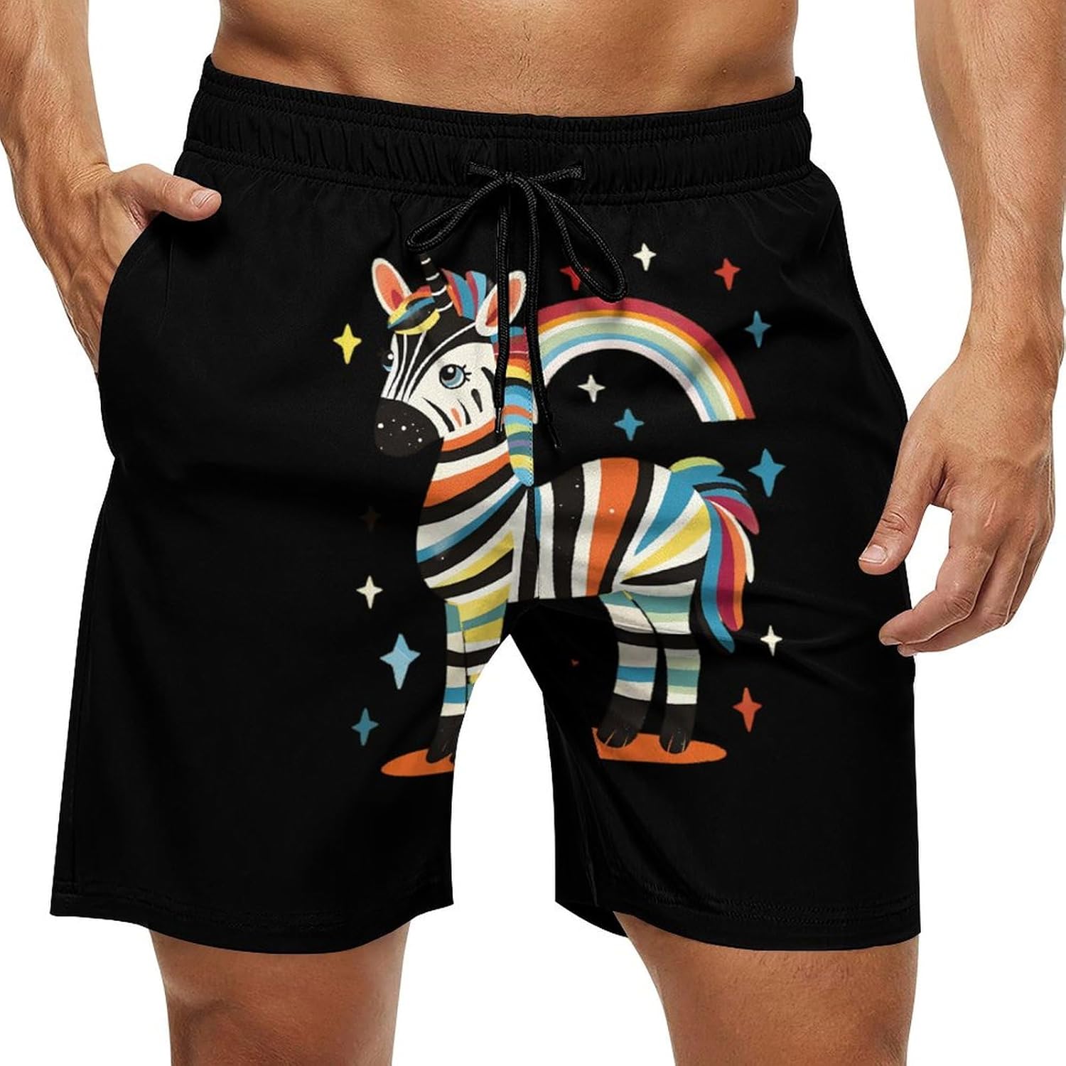 Rainbow Zebra Casual Men's Swim Trunks Novelty Summer Beach Shorts Swimwear with Pocket