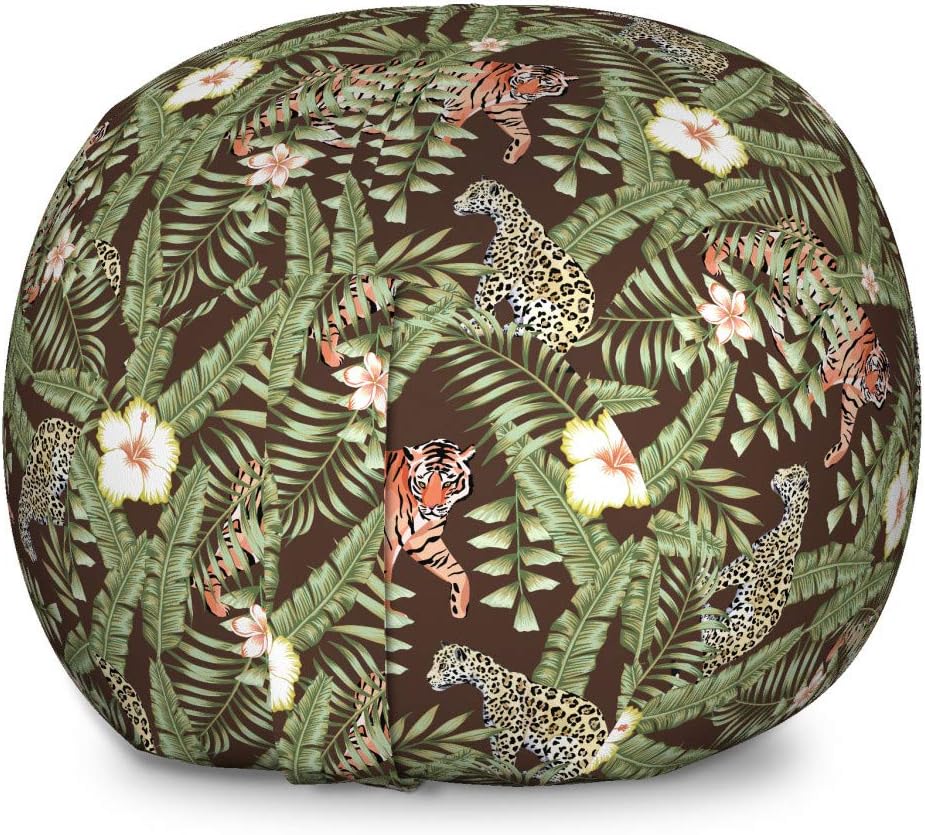 Lunarable Savannah Storage Toy Bag Chair, Composition of Tropical Leaves Hibiscus Flower with Wild Animals Leopard and Tiger, Stuffed Animal Organizer Washable Bag, Large Size, Multicolor