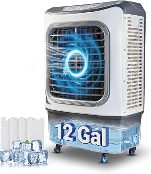 41" Portable 3200CFM Swamp Cooler, 3-in-1 Evaporative Air Cooler with 12 Gallon Water Tank, 3-Speed Wind, 2 Modes, 4 Ice Packs & Storage Cover, Cooling fan for Outdoor Patio Garage, 1000 sq.ft