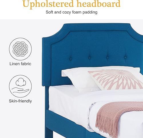 Miniatura 93 de VECELO Base de cama de plataforma de tamaño matrimonial con cabecera tapizada de tela y soporte de listones de madera, no necesita somier, fácil