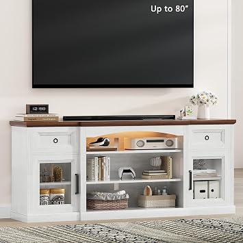 Farmhouse TV Stand for 80 Inch TVs, 27.5" Tall Entertainment Center, with LED Lights & Outlet, 2 Drawers, Transparent Doors, Adjustable Shelves, 70" TV Stand for Living Room, White