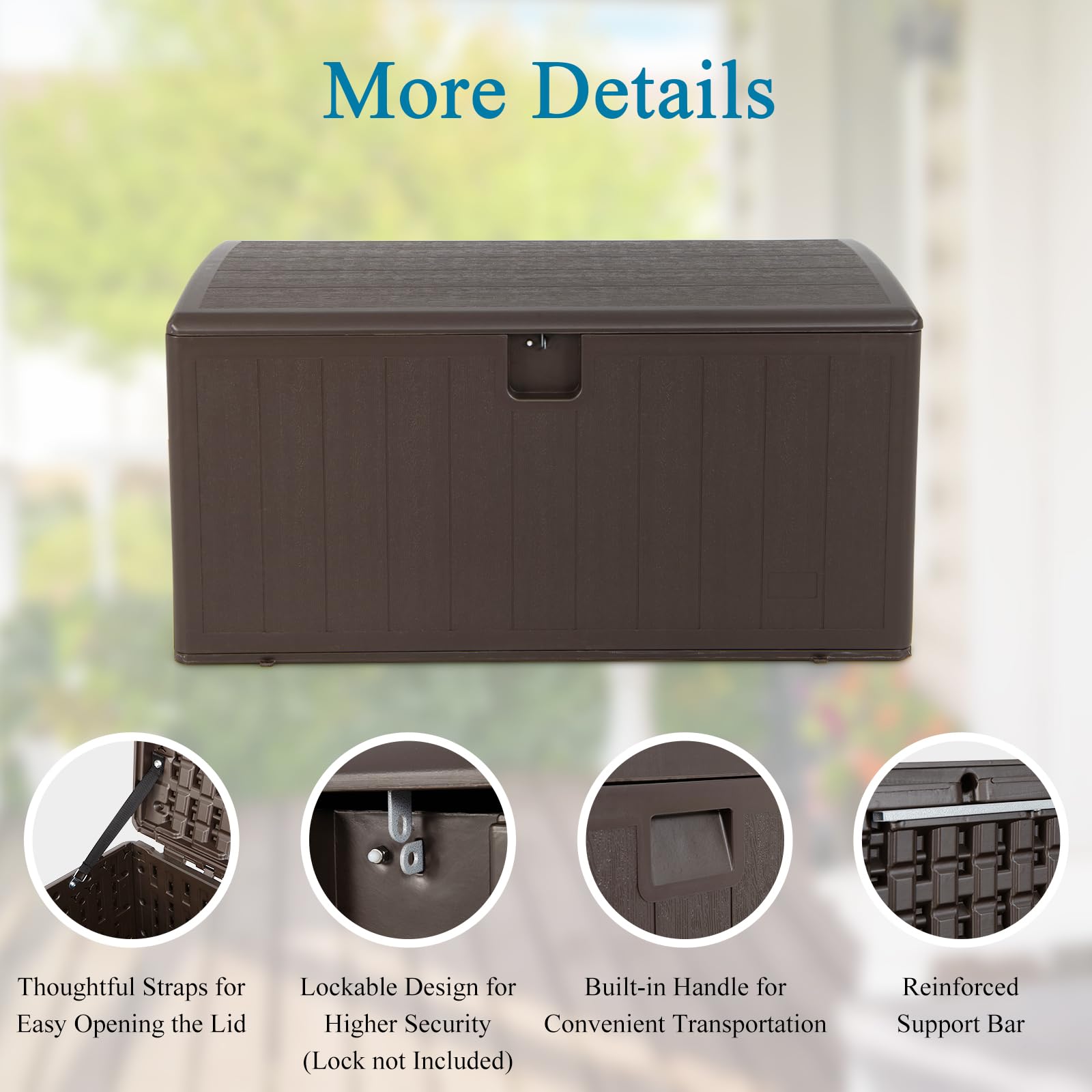 HOMASIS 400L Auflagenbox wetterfest, XXL Gartenbox aus HDPE, abschließbar Aufbewahrungsbox mit Deckel & Griff, Kissenbox Kissentruhe Auflagentruhe Gartentruhe Terrassenbox Outdoor, 128x62x64cm, Braun