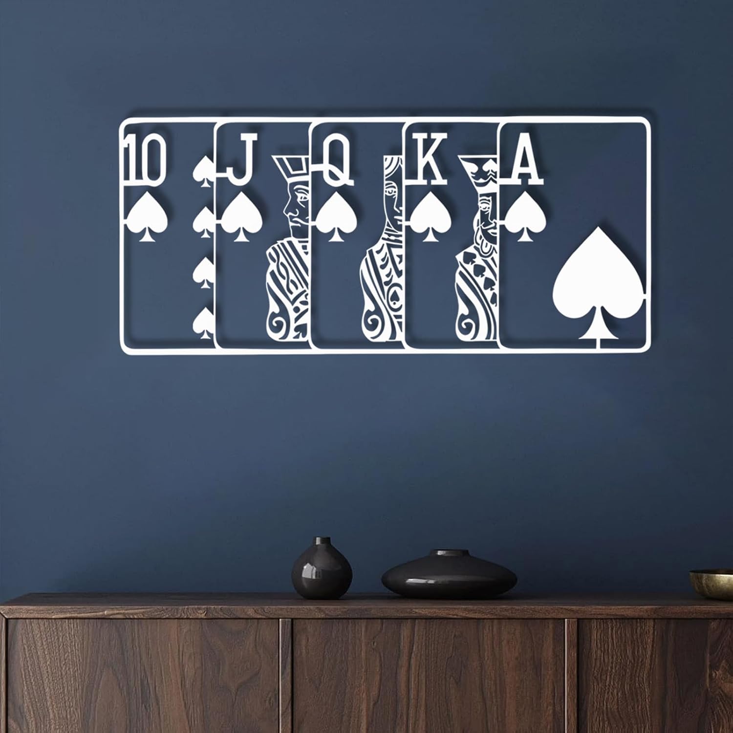 Royal Flush Metal Wall Art, Metal Poker Wall Art, Playing Cards Decor for Livingroom, Game Room Decor, Gamer Gift (Black, 48 x 21 inches / 121 x 54 cm)
