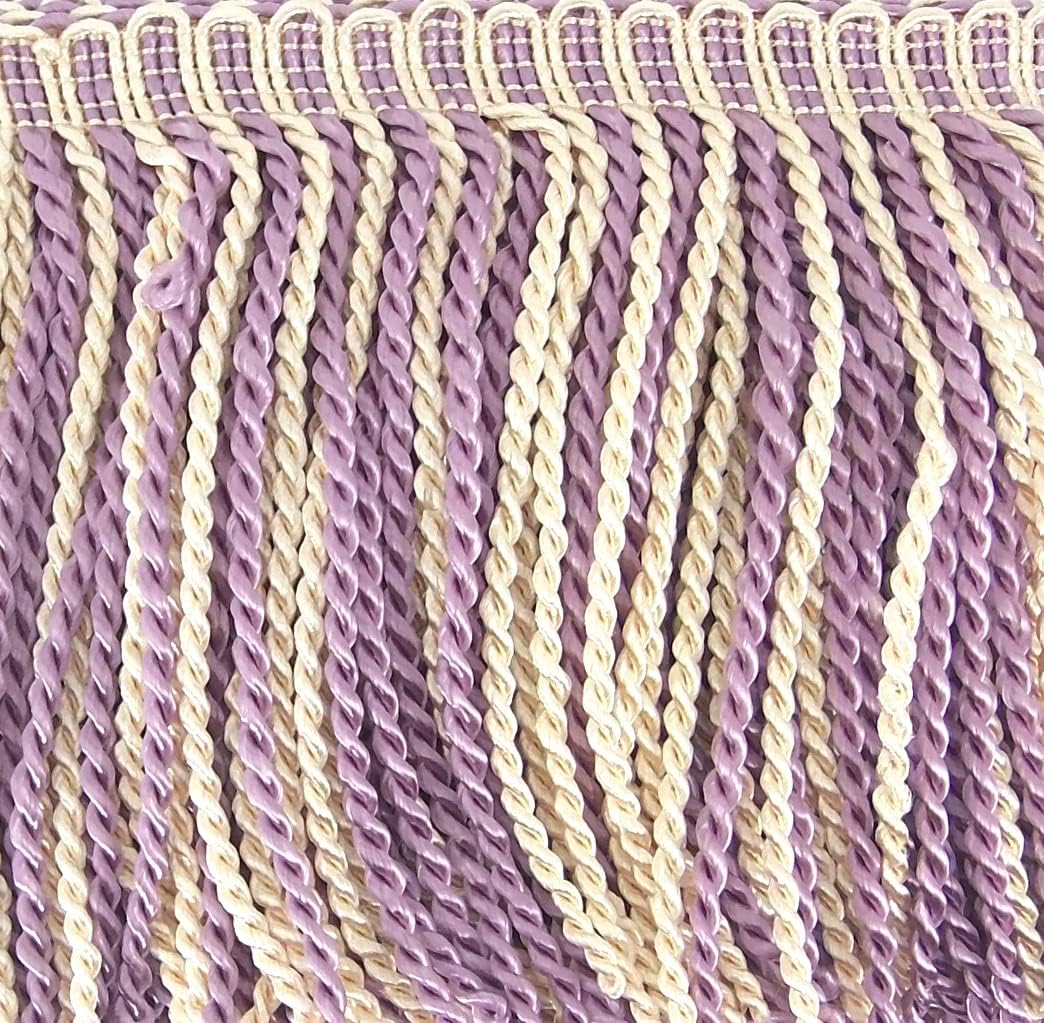 5 Yards of 6" Long Bullion Fringe Tassel Twisted Thread Yarn Trim Color Combination Fringe Sewing, Drapery, Shawl-Light Lavender & Cream Combo