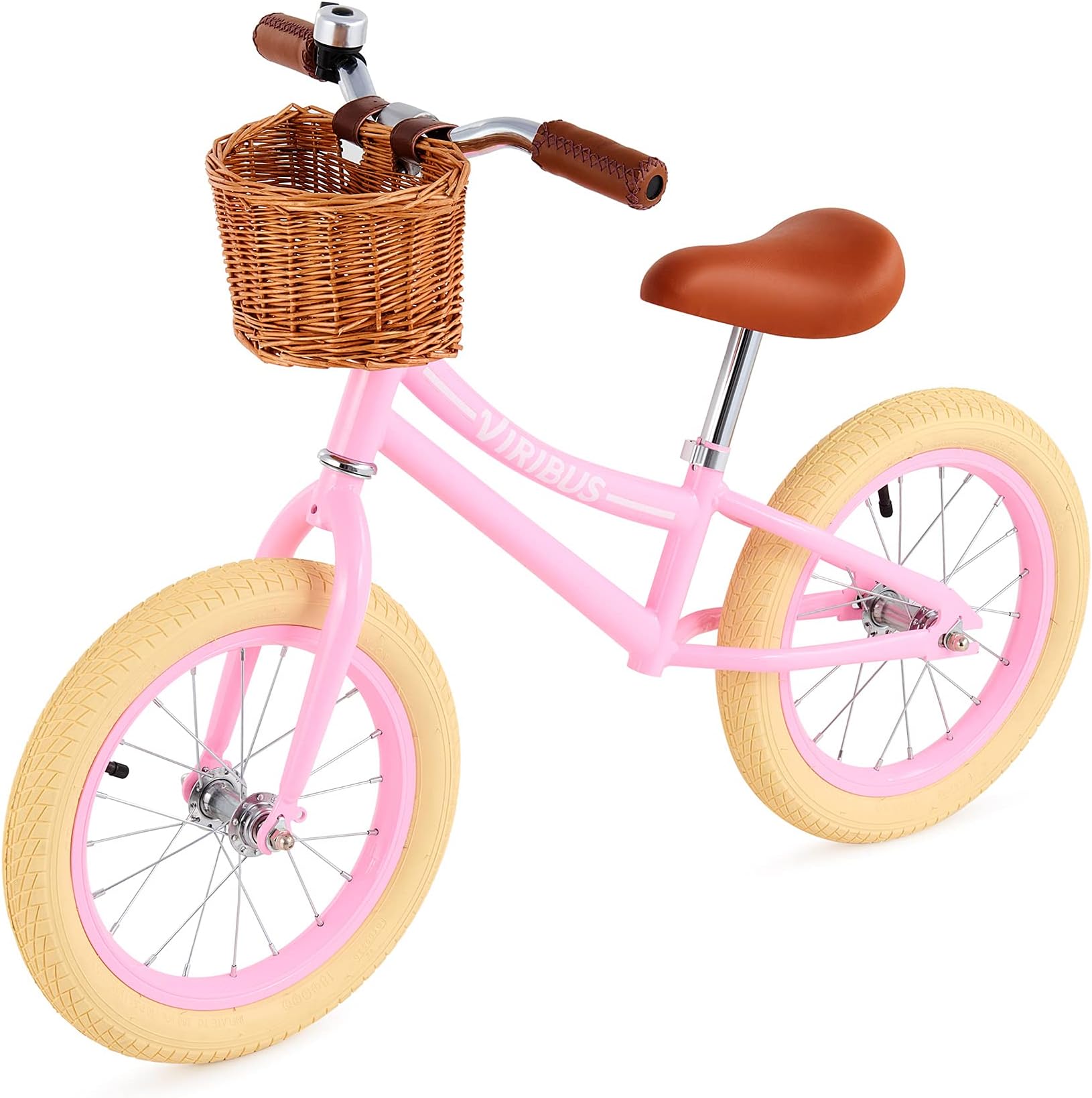 Viribus Balance Bike, 14 Inch Balance Bike for 3 4 5 6 Year Old, Balance Bike with Basket for Big Kids, Kids Balance Bikes for Boy Girl with Rubber Tire, Carbon Steel Frame, Outdoor Toy, Pink