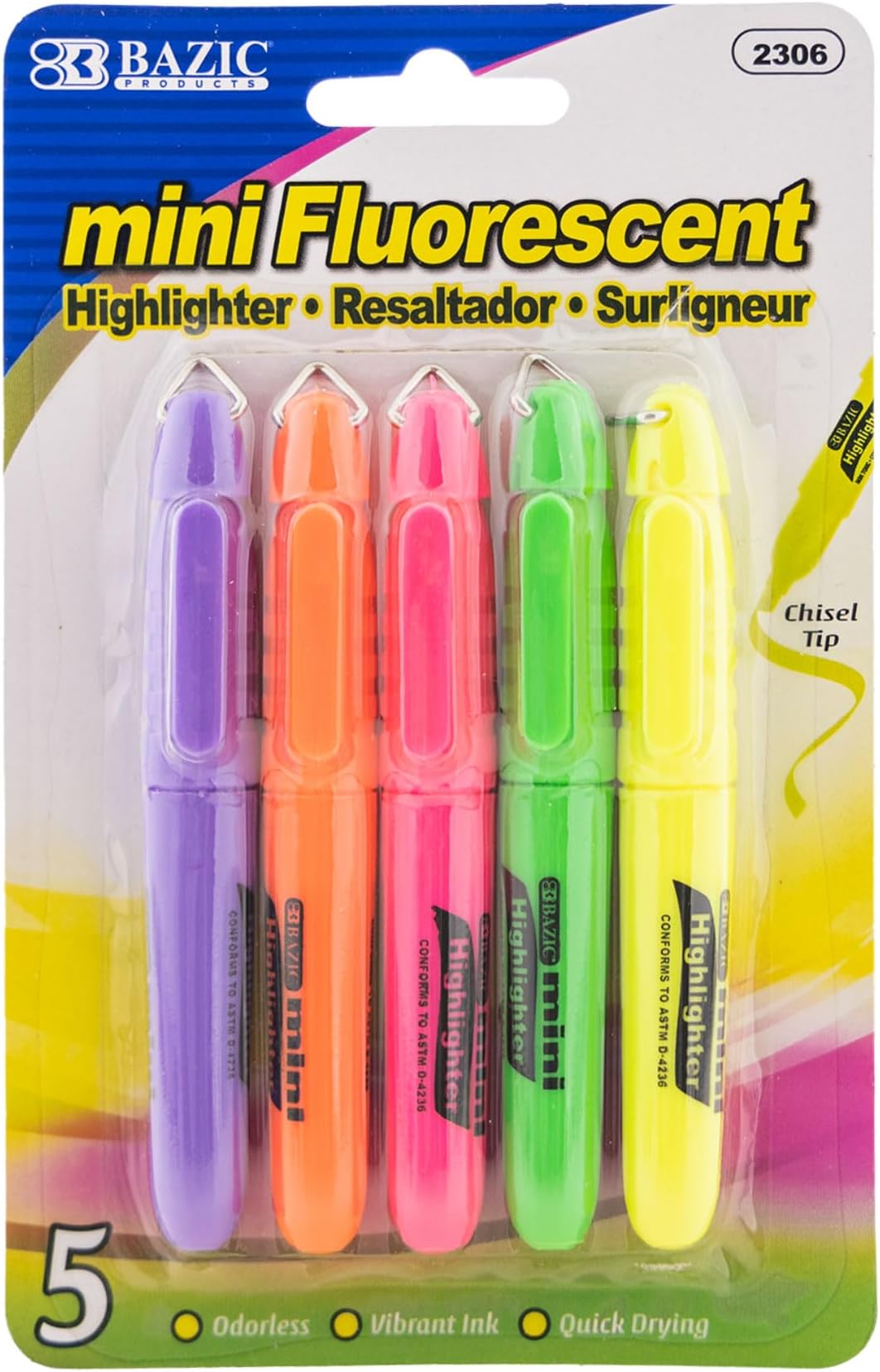 BAZIC PRODUCTS Mini Fluorescent Highlighter, Chisel Tip, 5 Count