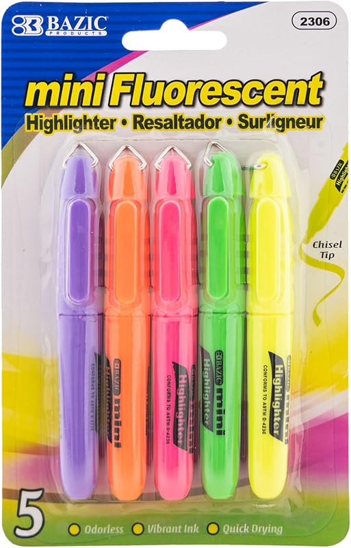 BAZIC PRODUCTS Mini Highlighters, Fluorescent, Chisel Tip, Cap Clip, 5 Ct | Quick-dry, assorted fluorescent mini highlighters, compact, non-toxic, ASTM D-4236, odorless