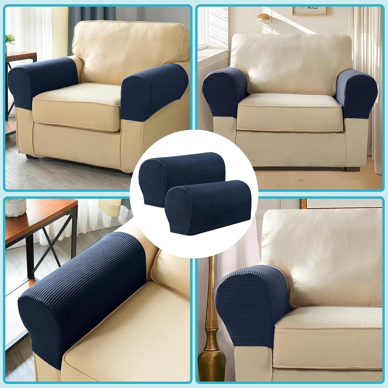 Sofa Arm Covers, 4PCS Couch Arm Covers for Sofa, Chair Armrest Cover with Twist Pins, Anti-Slip Scratch Stretch Couch for Reclining Square Curved Sloping Armrest Cover, Protective Cloth, Navy Blue