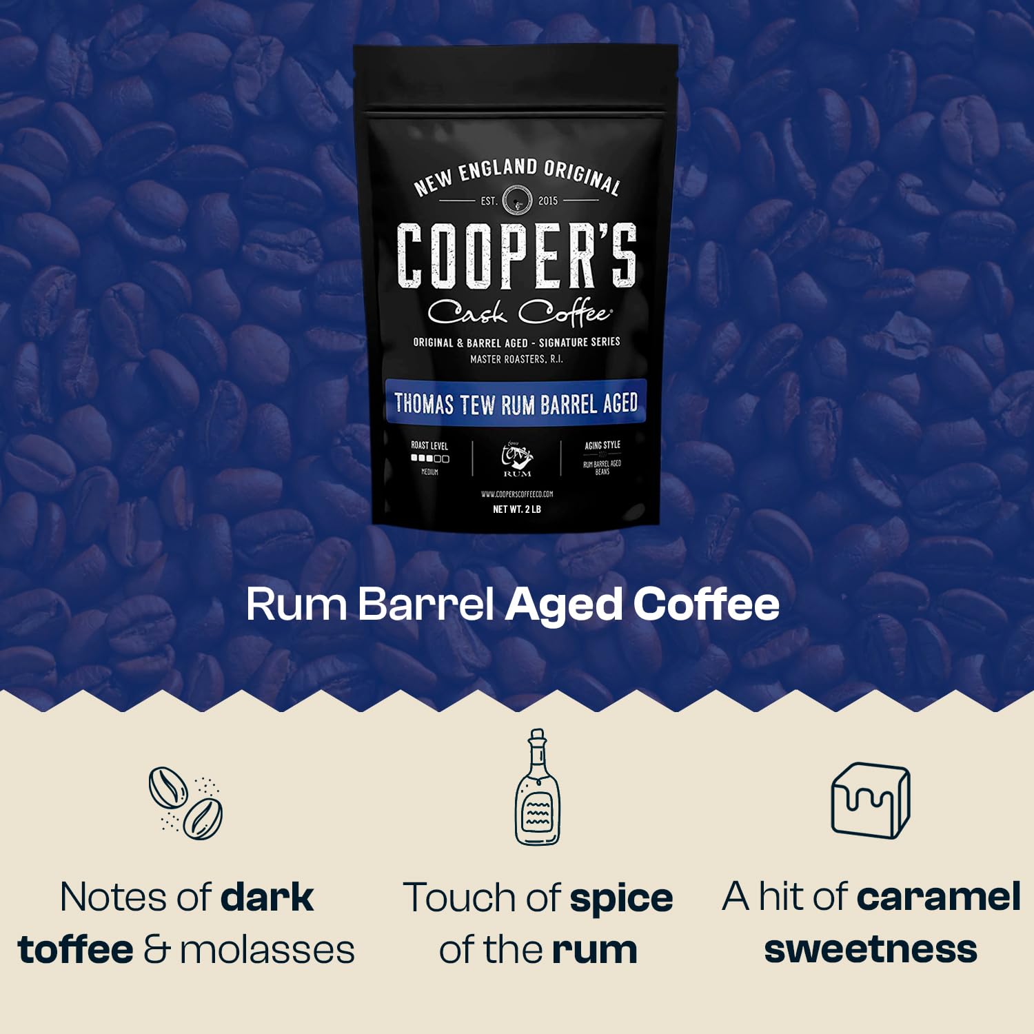 Rum Barrel Aged Coffee, Single-Origin Rwandan Beans Aged in Rum Barrels, Medium Roast Whole Bean, 2 lb