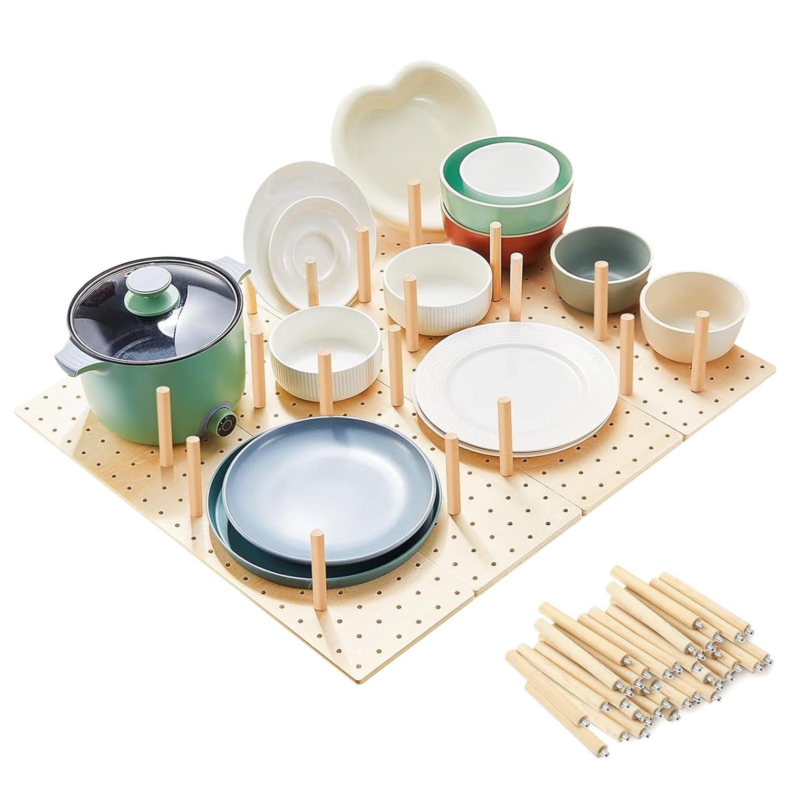 Organizer per cassetti in legno, confezione da 4 con 32 bastoncini di legno, divisori regolabili per cassetti da cucina, per piatti, pentole, ciotole, coperchi e altro ancora