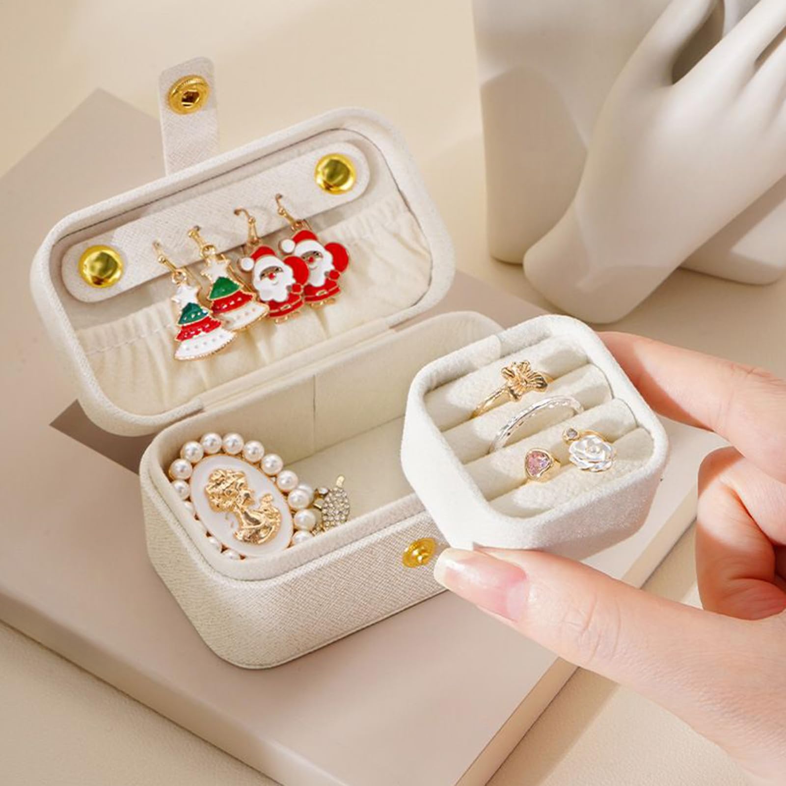 Travel Jewelry Case - Mini boîte à bijoux de voyage - En cuir synthétique étanche - Boîte de rangement pour femme - Pour boucles d'oreilles, bagues, bracelets, rouge à lèvres - Dorm Gym Salle