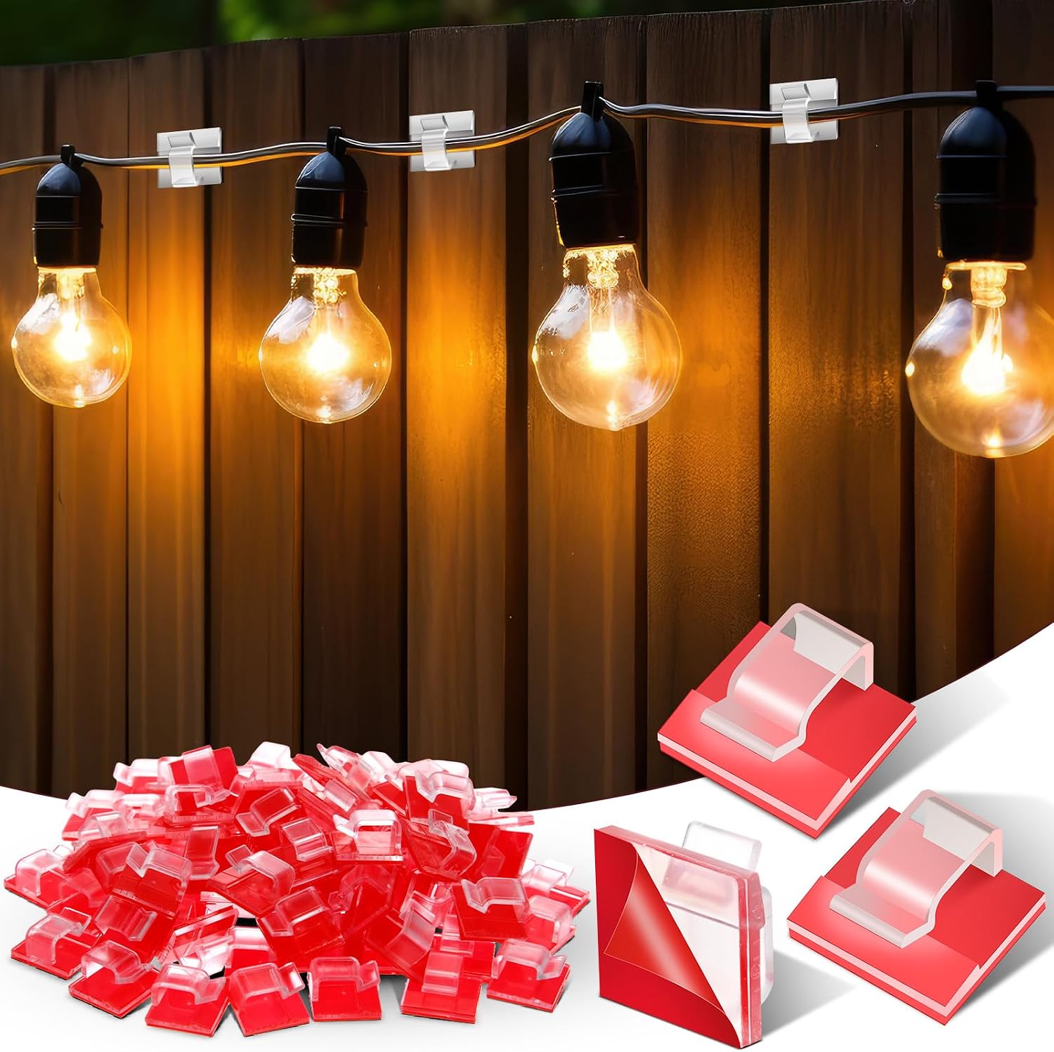 Yuntau 200 Pcs Outdoor Light Clips Adhesive Cable Clips for Christmas Outdoor String Lights with Adhesive Strips Patio Decor for Wall Wire Holder for Hanging Cable Management Cord Organizer (Clear)