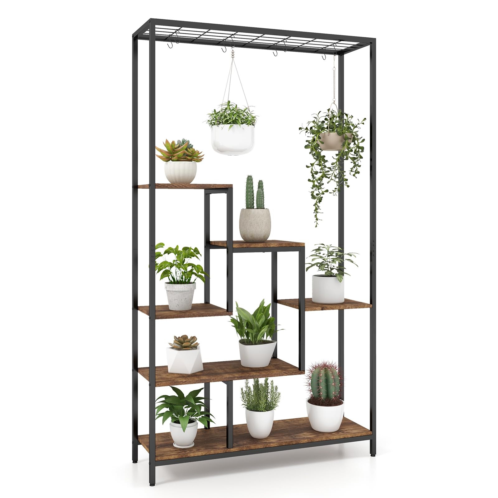 COSTWAY Stojak na rośliny, 6 poziomów, 180 cm, metalowy regał na kwiaty z 10 haczykami w kształcie litery S i półką z kratki, stojak na kwiaty, na balkon, do salonu (rustykalny brąz)