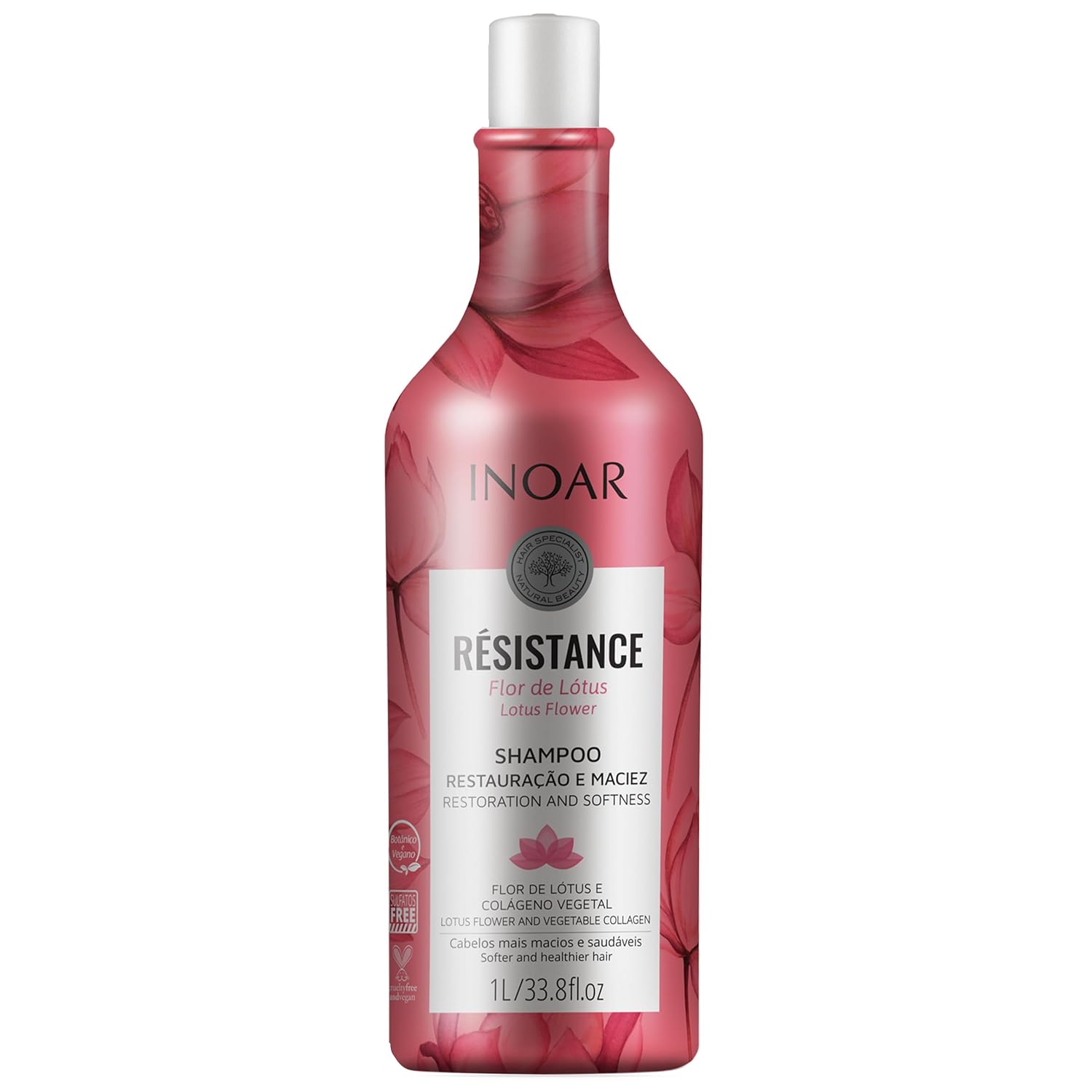 Inoar Résistance Flor de Lotus Shampoo with Lotus Flower Extract & Plant-Based Collagen for Hair Strengthening & Shine, 33.8 fl.oz