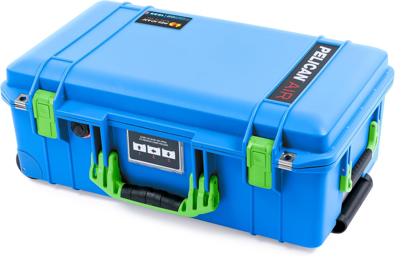 Electric Blue Pelican 1535 Air Carry-on Case - Comes empty - Lime Green Handles & Latches.