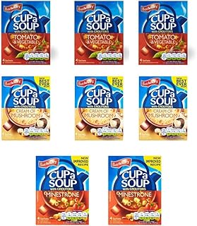 8 Boxes Batchelors Cup A Soup 94g x (32 packs) 3 x Batchelors Cream of Mushroom Cup a Soup 94g 2 x Batchelors Minestrone Cup a Soup 94g 3 x Batchelors Tomato & Vegetable Cup a Soup 94g