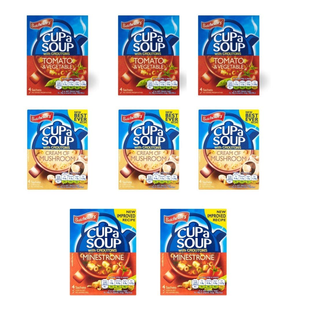 8 Boxes Batchelors Cup A Soup 94g x (32 packs) 3 x Batchelors Cream of Mushroom Cup a Soup 94g 2 x Batchelors Minestrone Cup a Soup 94g 3 x Batchelors Tomato & Vegetable Cup a Soup 94g