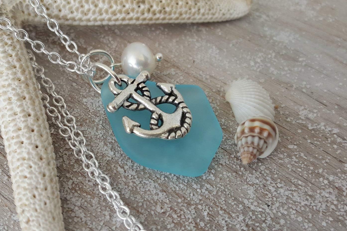 Handmade Turquoise Bay Blue sea glass necklace, anchor charm, Natural pearl, December Birthstone, (Hawaii Gift Wrapped, Customizable Gift Message)