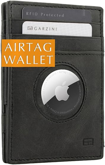 GARZINI Magic Wallet with AirTag Slot | Slim RFID-Blocking Leather Wallet | Minimalist Front Pocket Wallet | Holds 10 Cards & Cash | Premium Top Grain Leather | Brushed Black