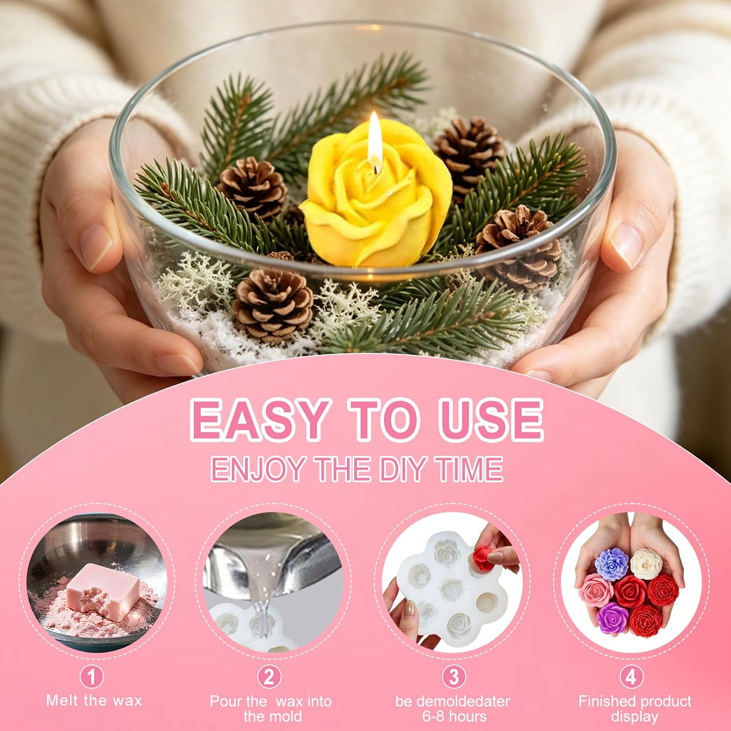 1 Pack Flowers Silicone Candle Molds Silicone Resin Molds for DIY Cake Candy Wax Chocolate Soap Concrete Candle Molds Making Kit with Wick Holder Candle Wick