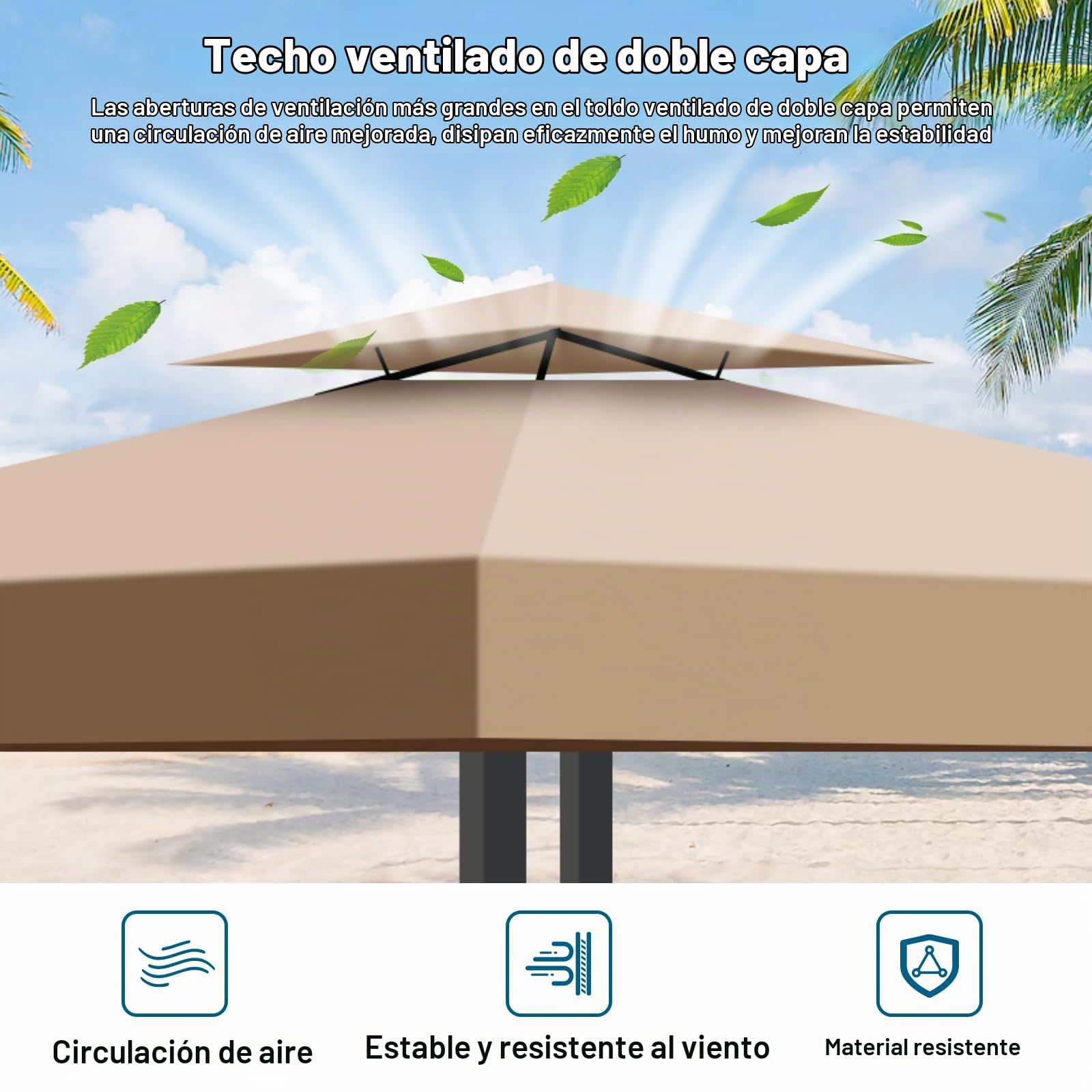 Toldo Recambio Pergola 3x3 m, Techo de Repuesto con Ventilación para Cenador de Jardín, Cubierta Amovible Lona Impermeable con Protección UV para Barbacoa, Bodas, Fiestas y Camping(Caqui)
