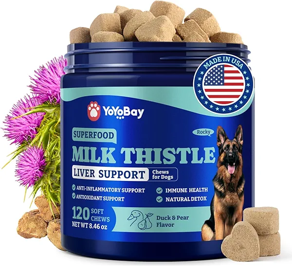 YoYoBay Milk Thistle Liver Support Chews for Dogs – Soft Chews with NAC, Curcumin, Choline & Dandelion – Supports Liver Function, Antioxidant Defense & Immune Health – Duck & Pear Flavor – 120 Count
