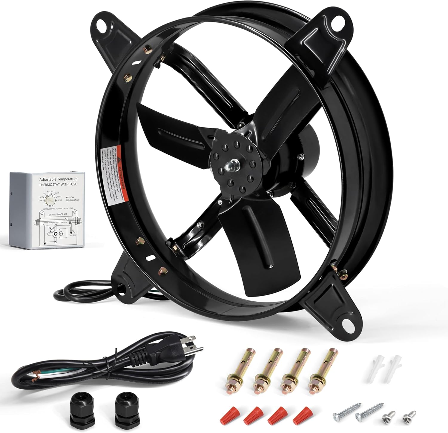 Gable Vent Attic Fan with Adjustable Thermostat, Powerful 20 Inch Exhaust Fan for Attic, Shed, Garage, Greenhouse Ventilation, 3127 CFM, 1080 RPM, Black