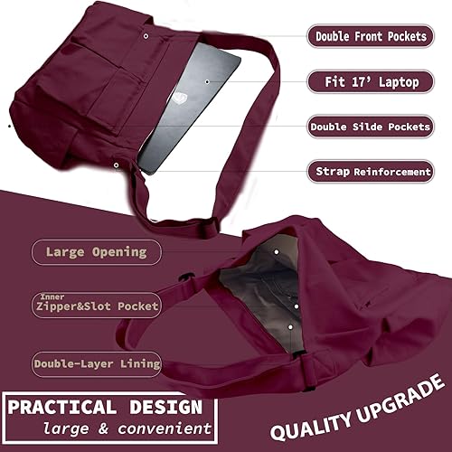 Miniatura 6 de Bolso bandolera de lona grande con múltiples bolsillos, bolsa de hombro casual para mujeres y hombres